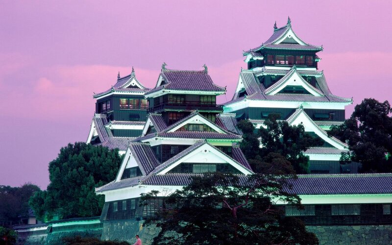 Himeji Castle at Dusk — Purple, Serene, Sunset, Photograph, Trees, Sky