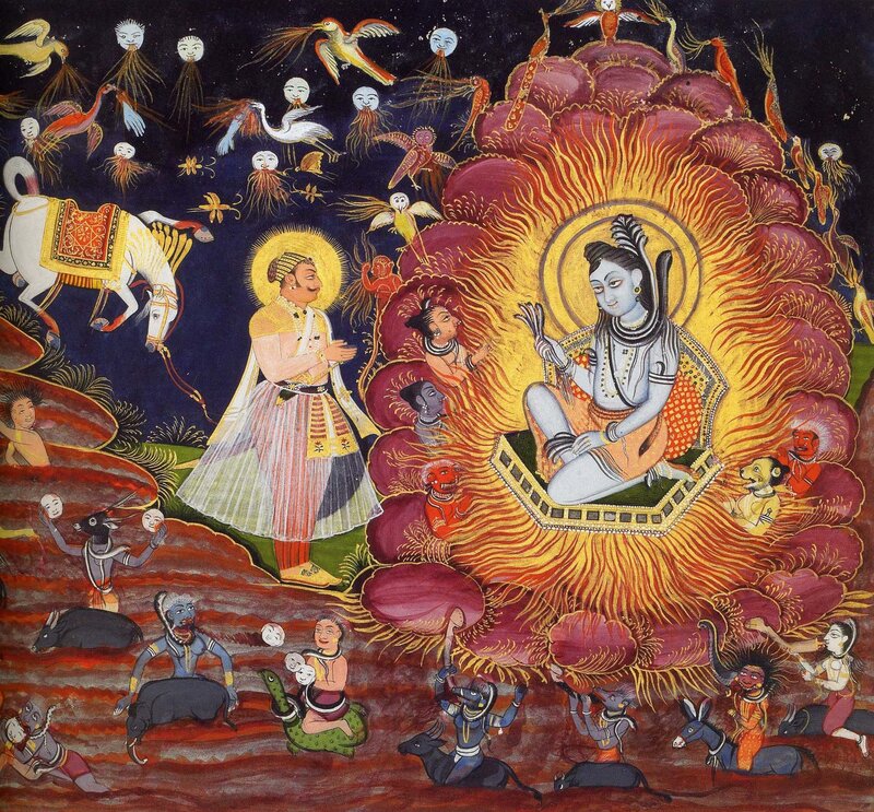Hindu deity scene with devotees