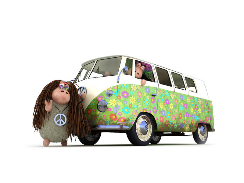 Hippie character with flower van