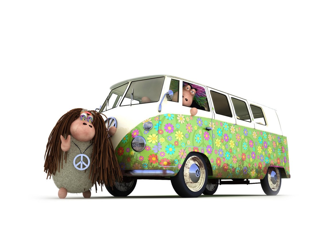 Hippie character with flower van
