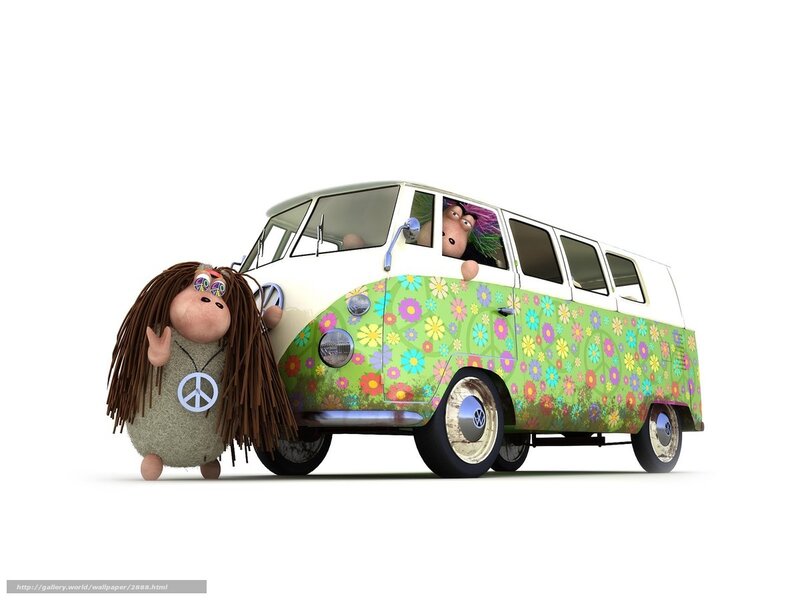 Hippie characters with van
