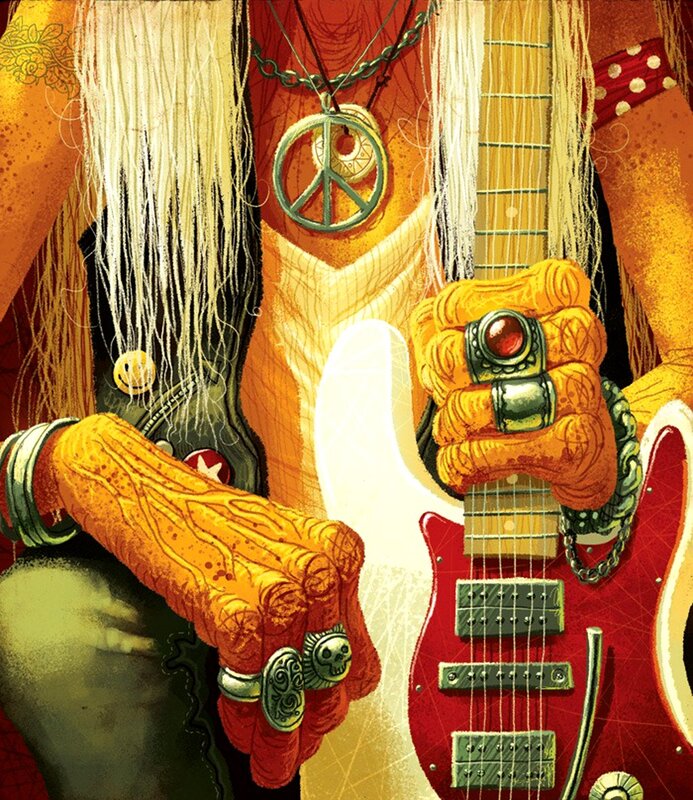 Hippie guitarist with peace sign
