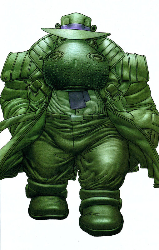 hippo character in green suit