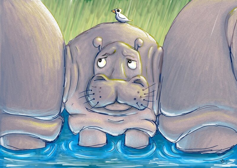 hippo in the rain with bird