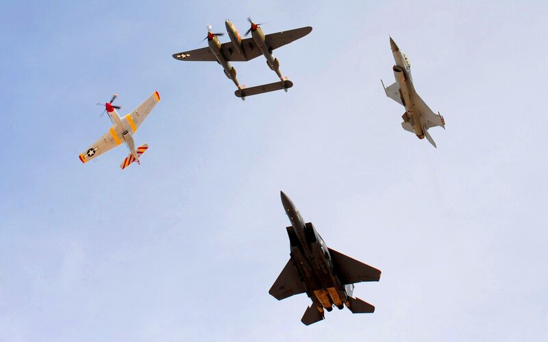 Historic and modern aircraft in formation