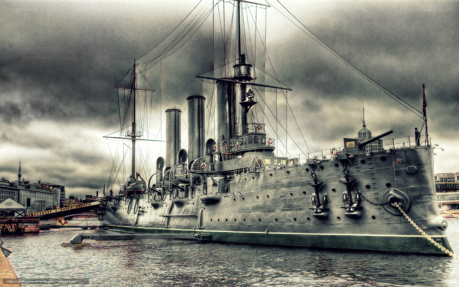 Historic battleship in harbor