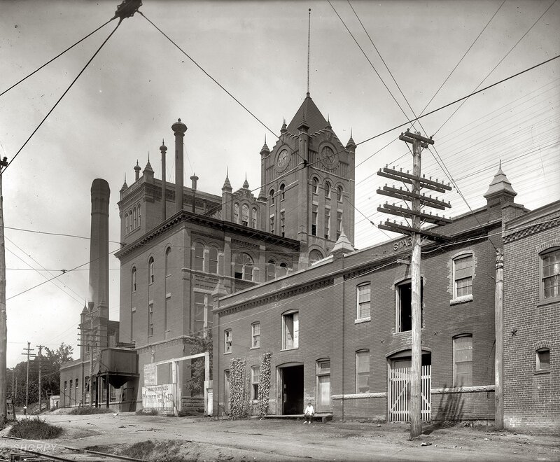 Historic brewery complex with clock tower
