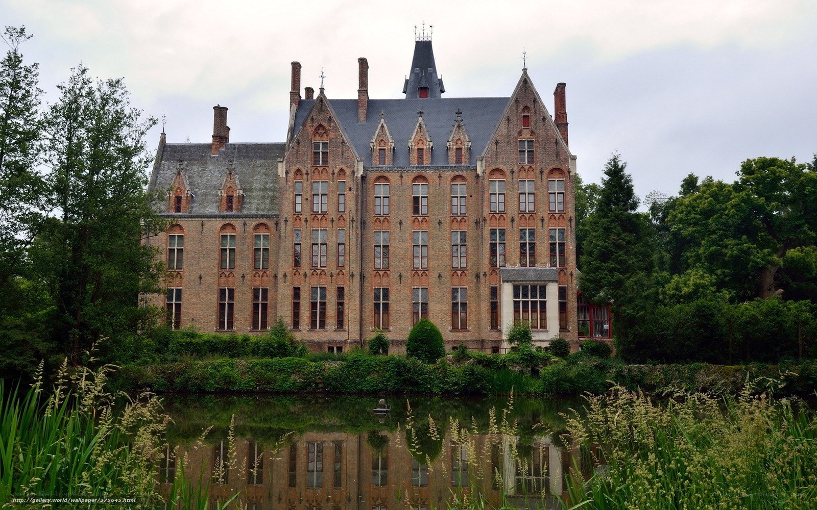 Historic brick castle by a pond
