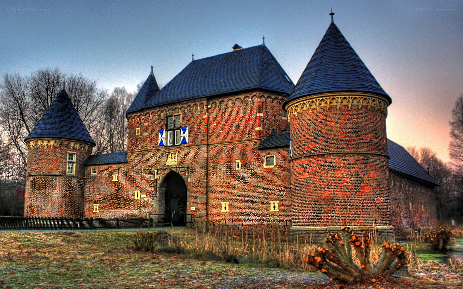 historic brick castle with towers
