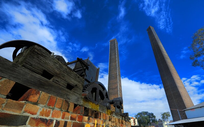 Historic brick chimneys and machinery