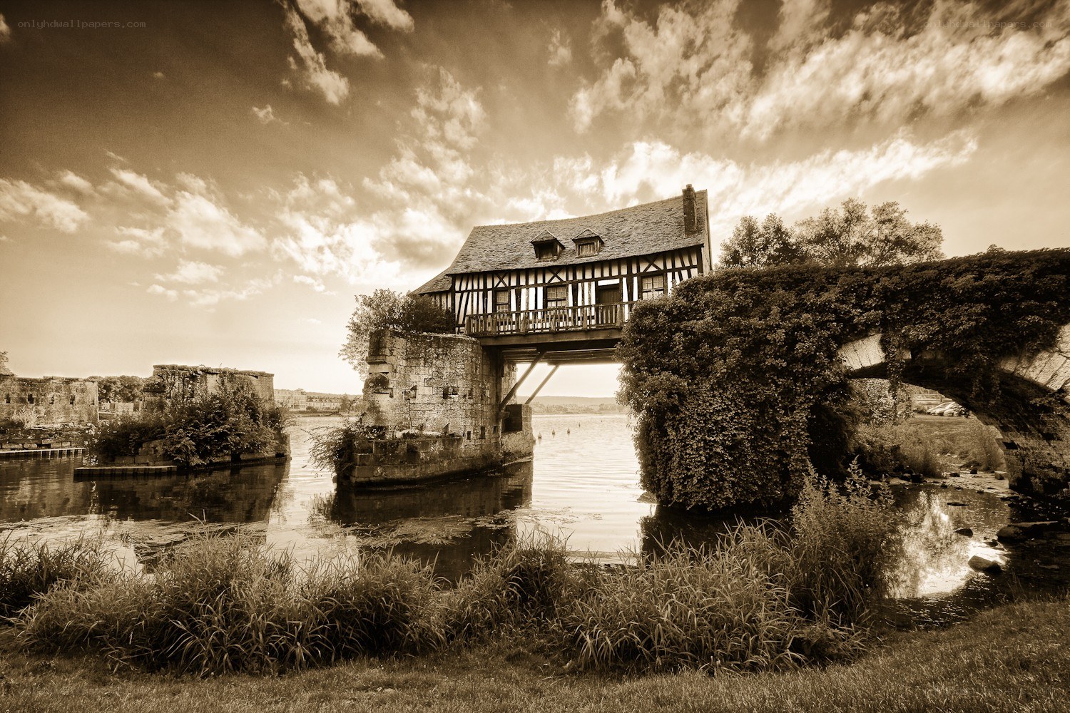 Historic bridge with timber house