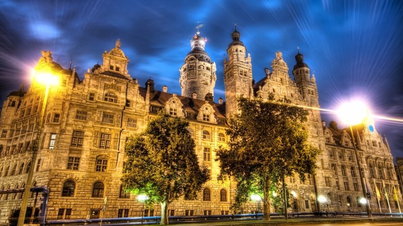 Historic Building at Night — Blue