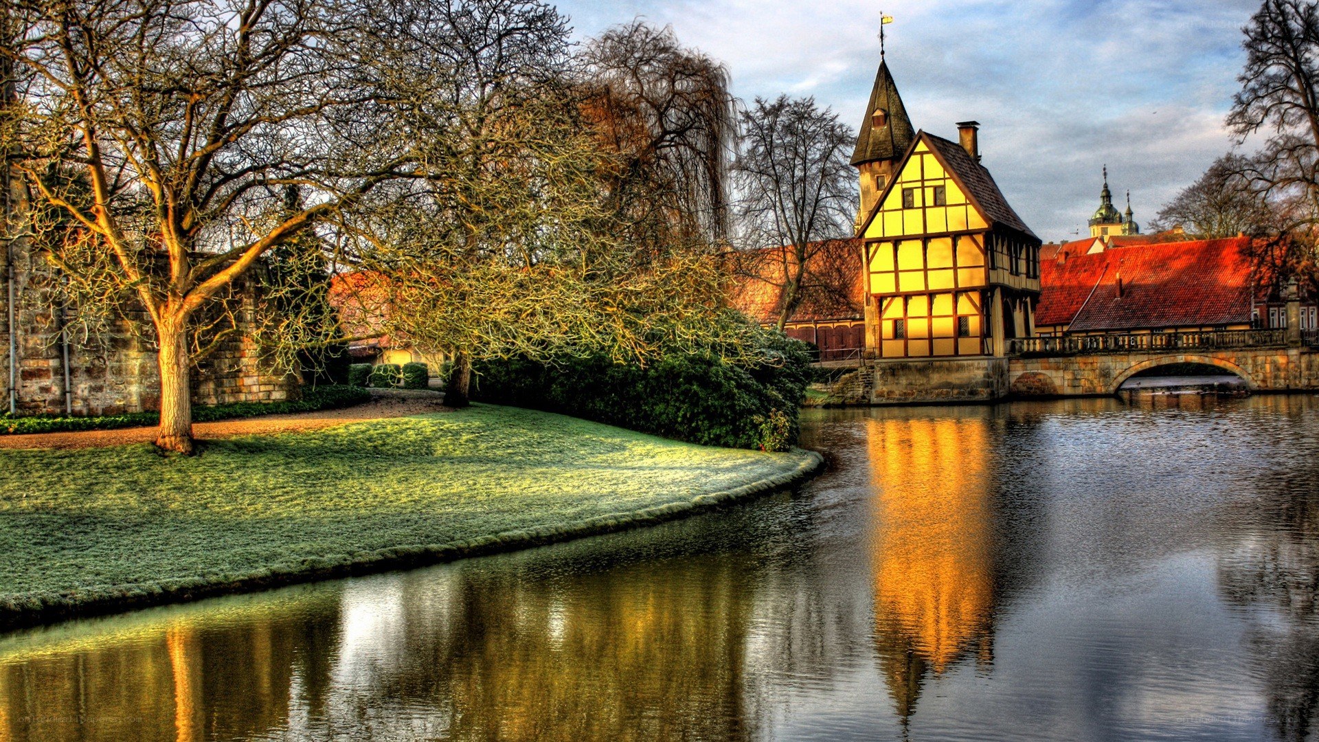 Historic building by a river