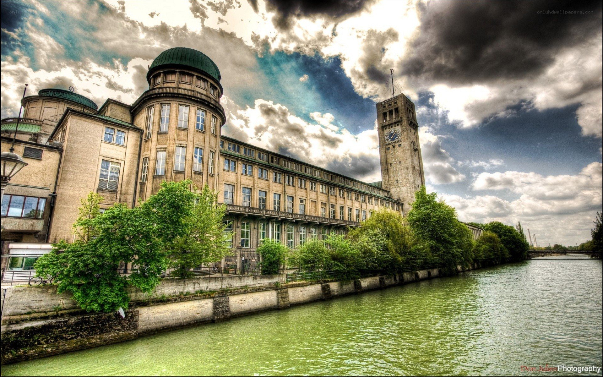 Historic building by a river