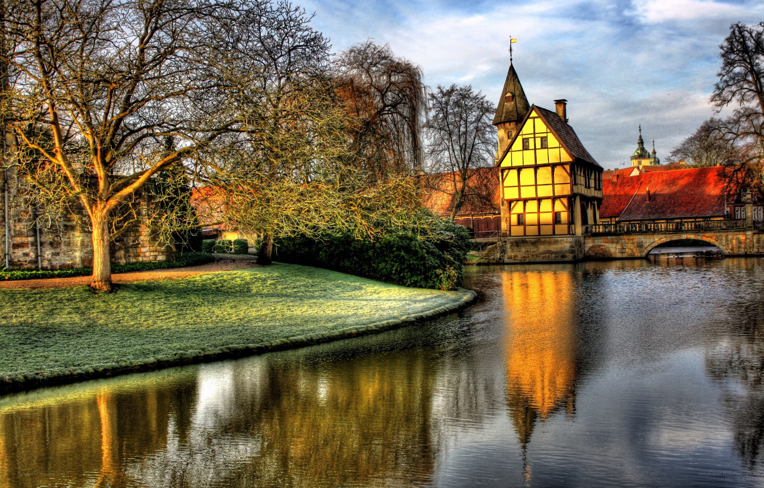 Historic building by a river