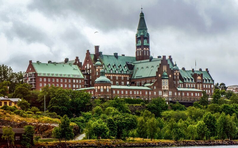 Historic building by the water