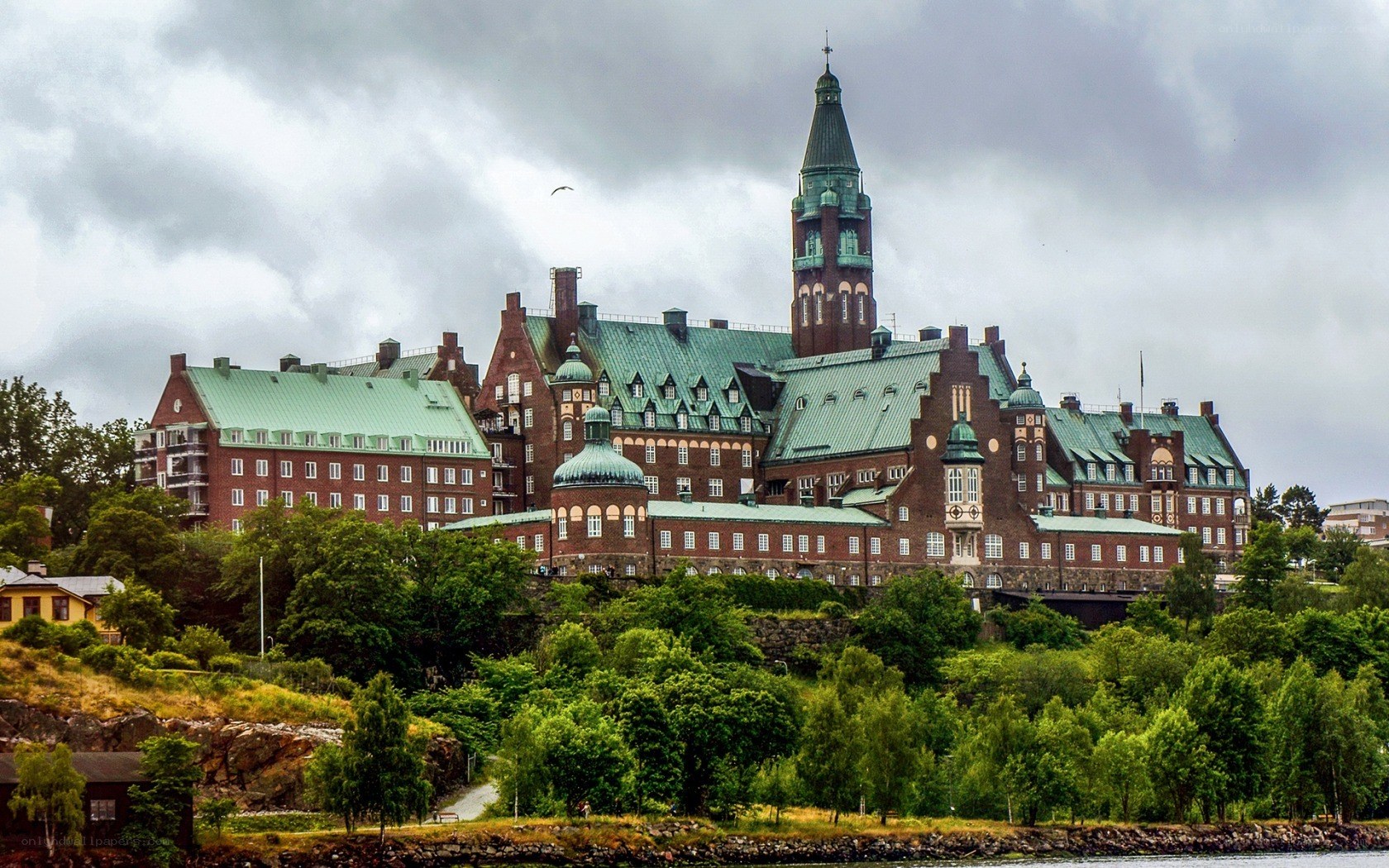 Historic building by the water