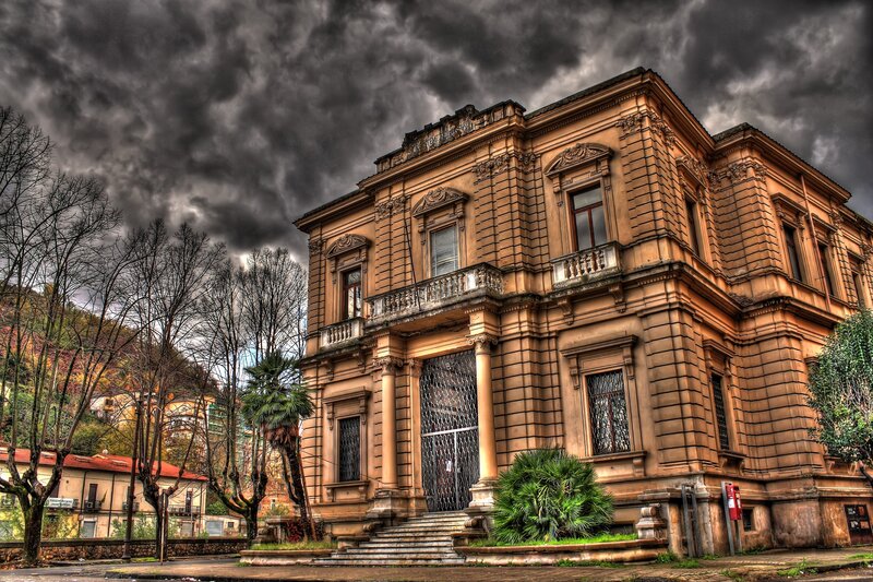 Historic building under stormy sky