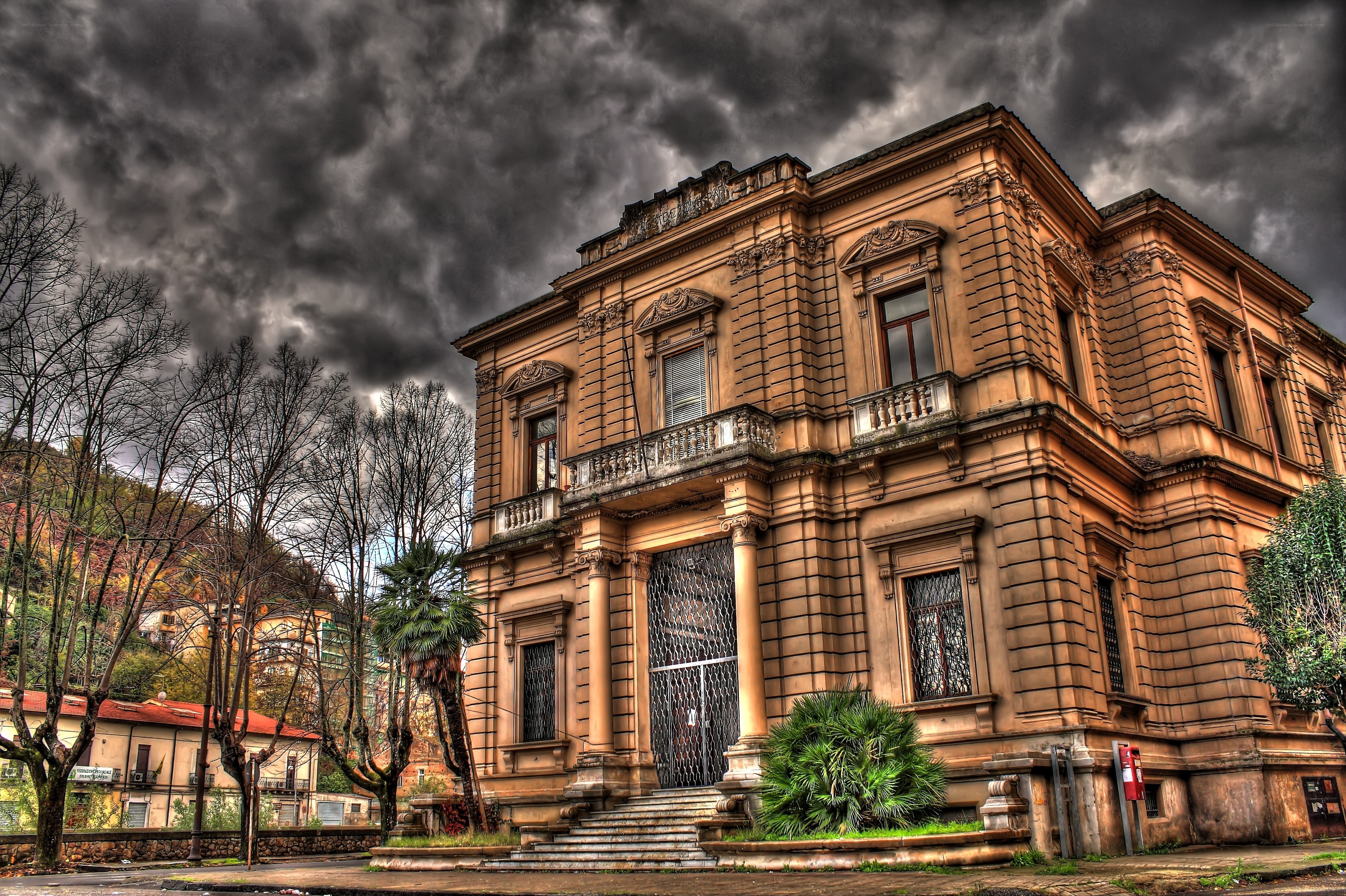 Historic building under stormy sky
