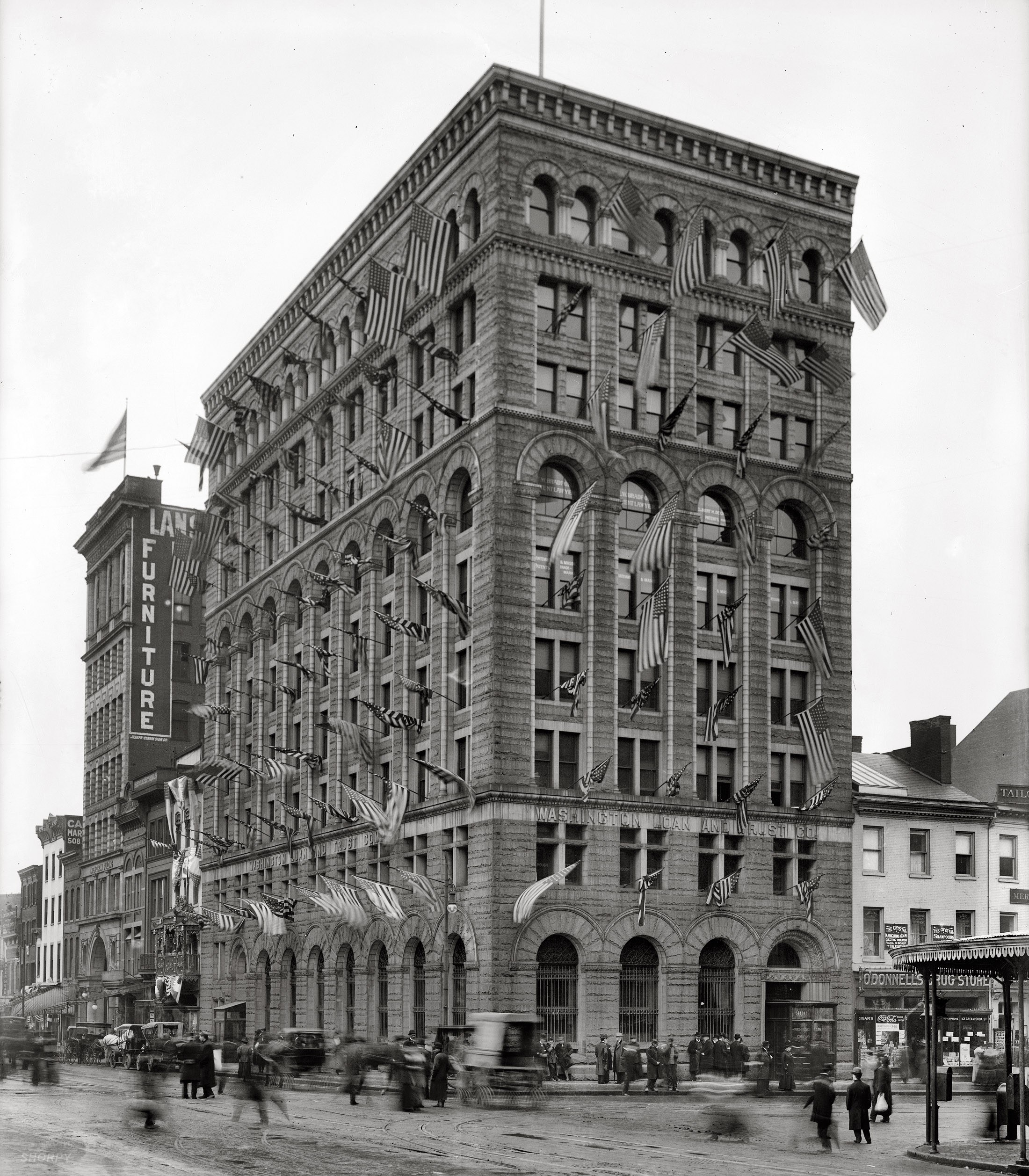 Historic building with American flags