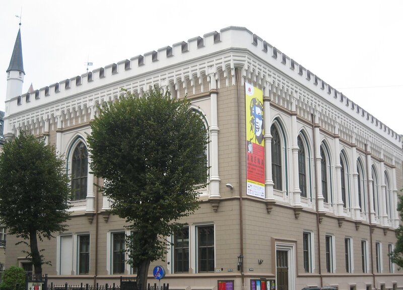 Historic building with banner