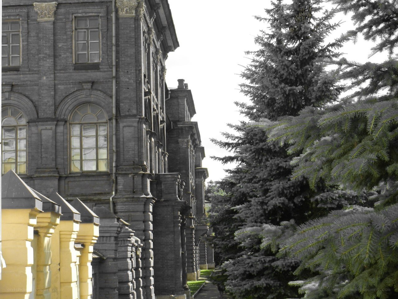 Historic building with evergreen trees