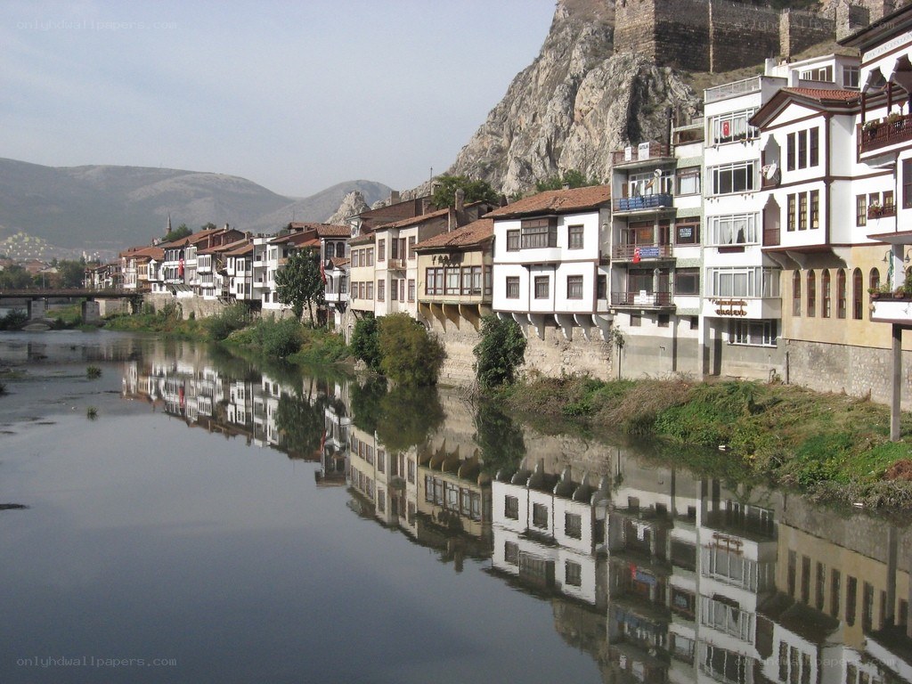 Historic buildings along a river