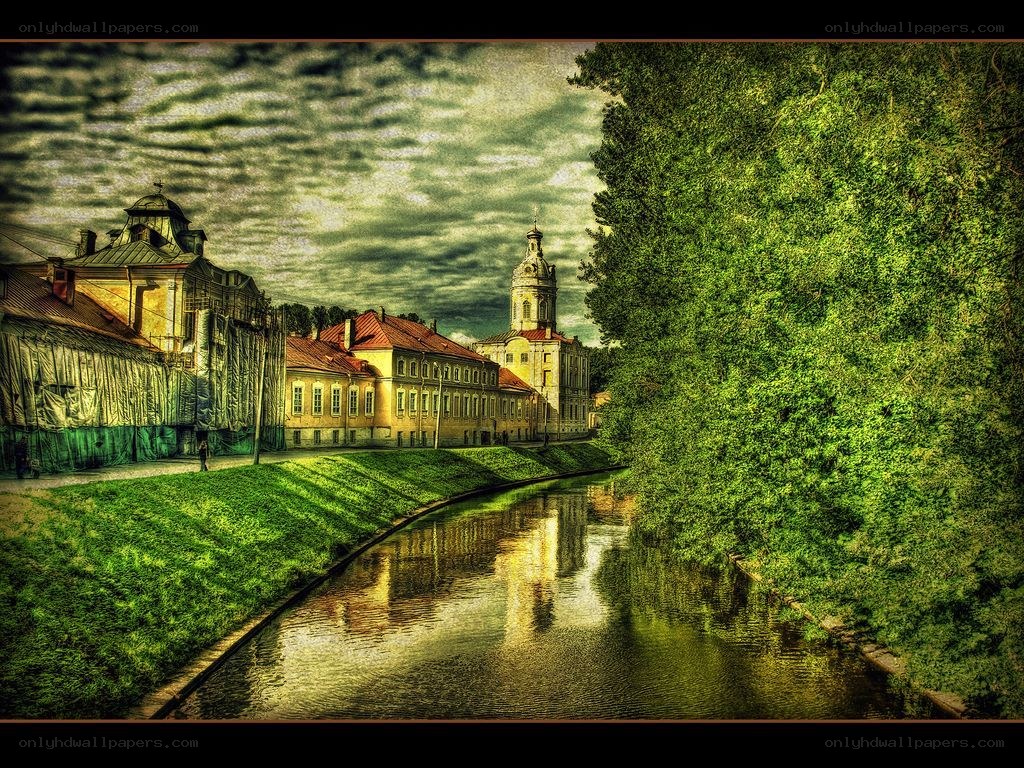 Historic buildings along a river