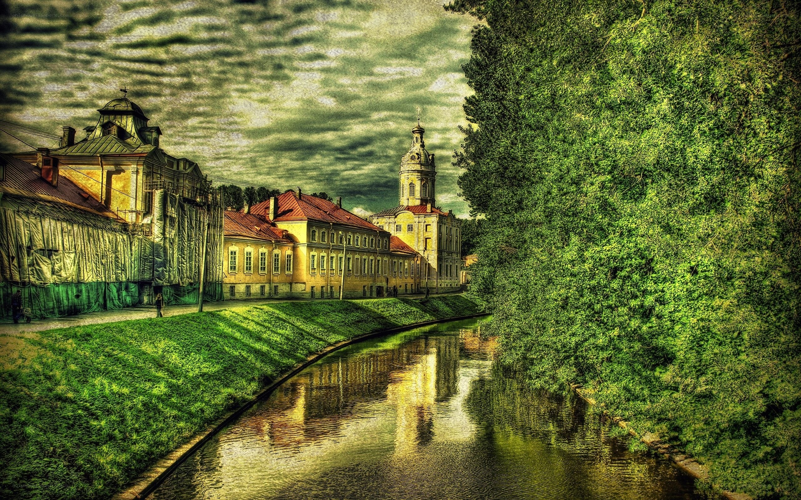 Historic buildings along a river