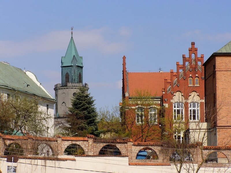 historic buildings and church tower