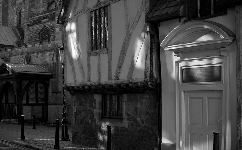 historic buildings in black and white