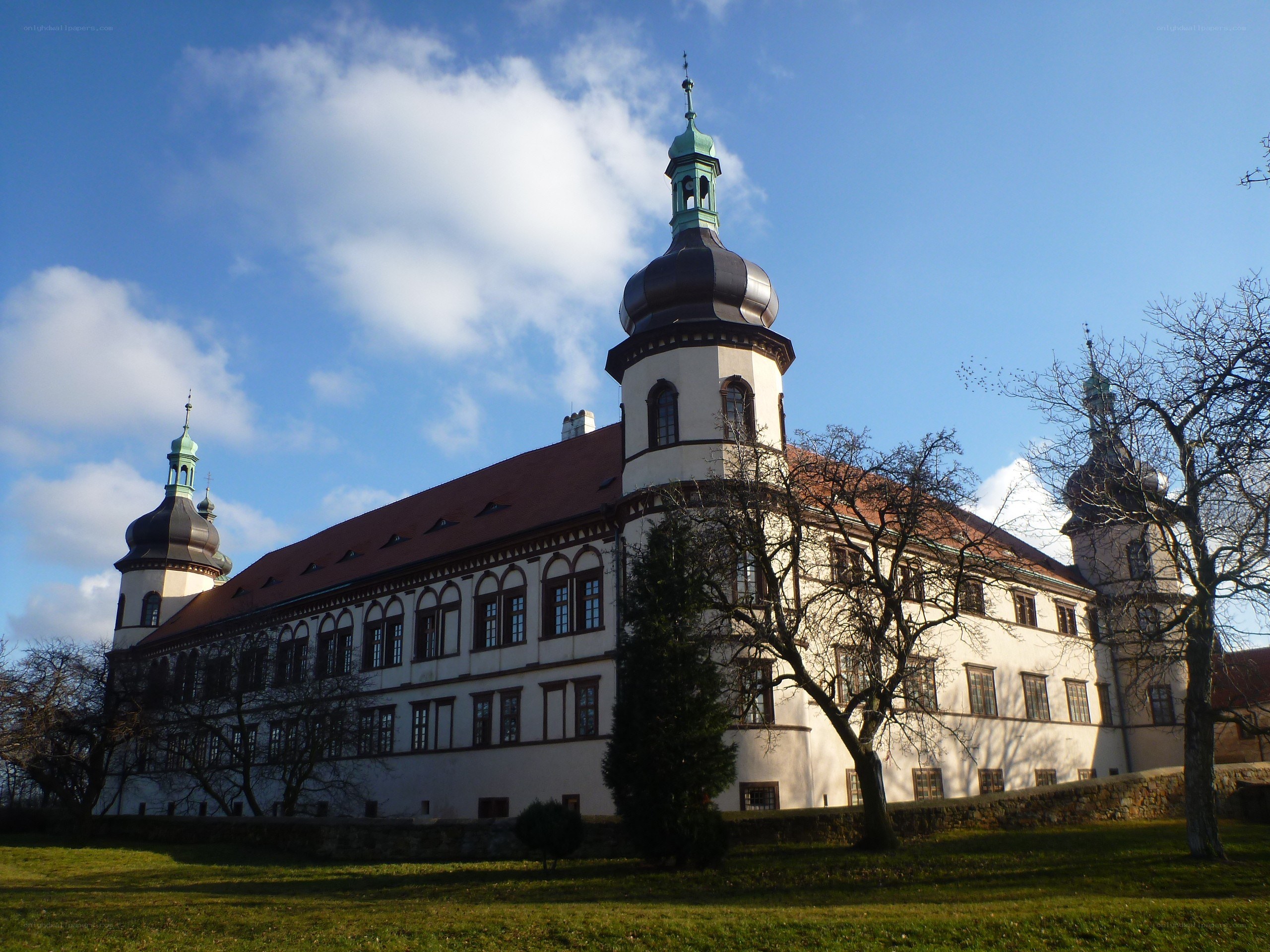 Historic castle with green domes