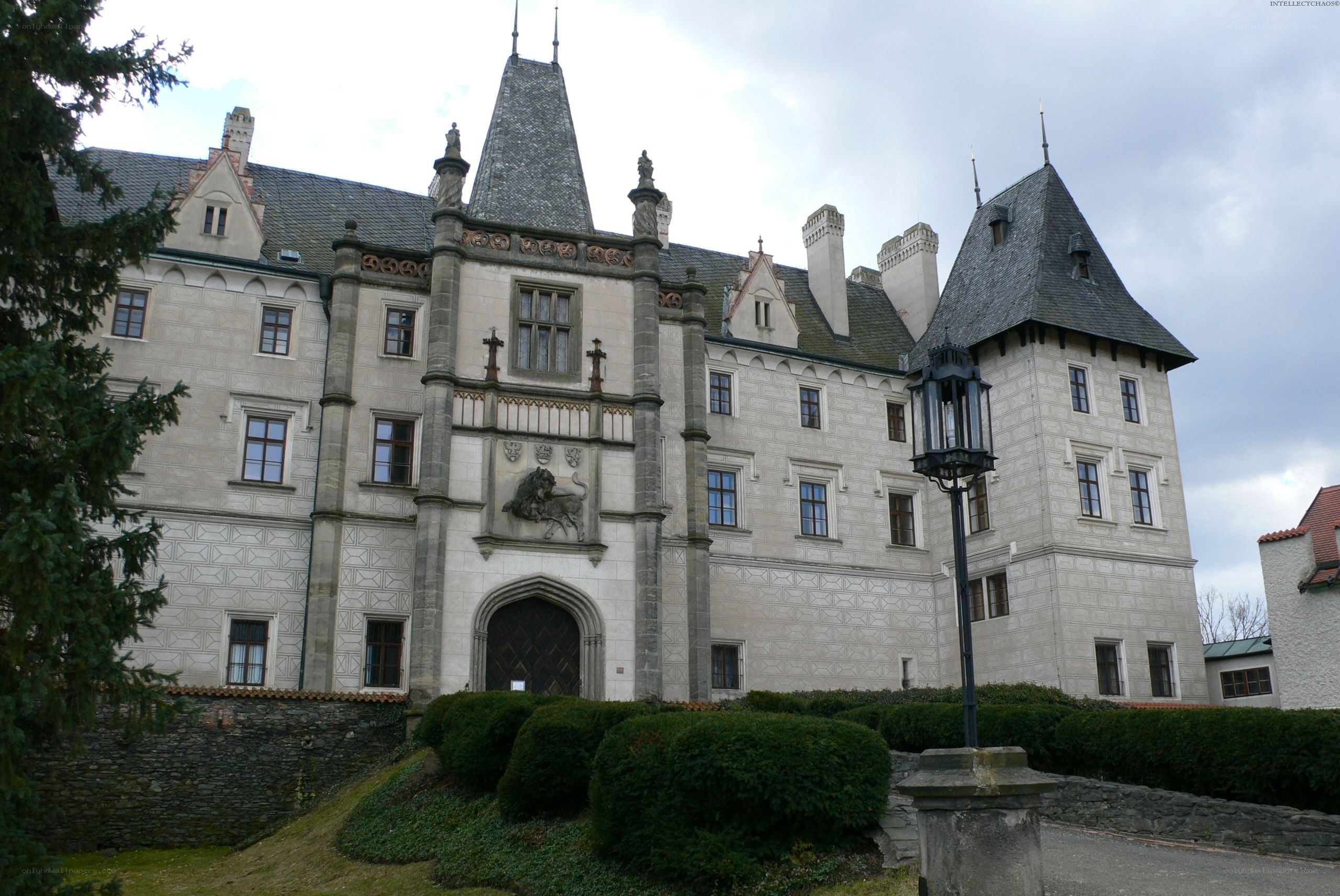 historic castle with lion emblem