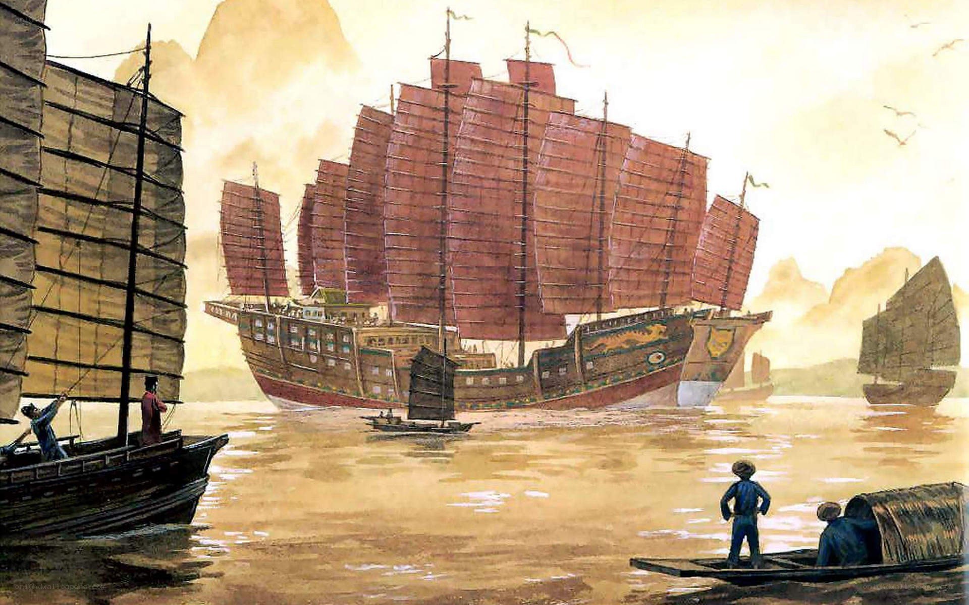 Historic Chinese junks at sea