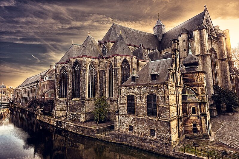Historic church by a canal