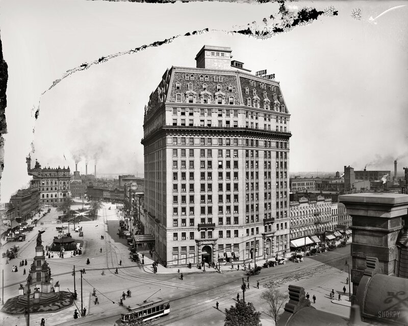 Historic city square with grand hotel