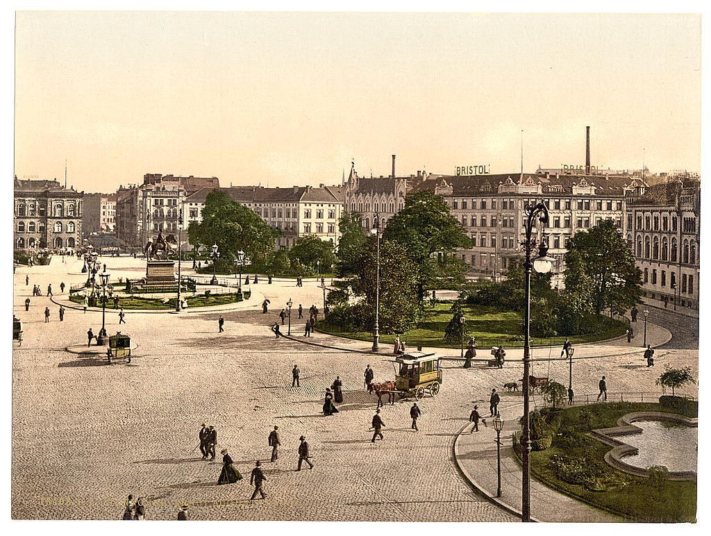 Historic city square with monument