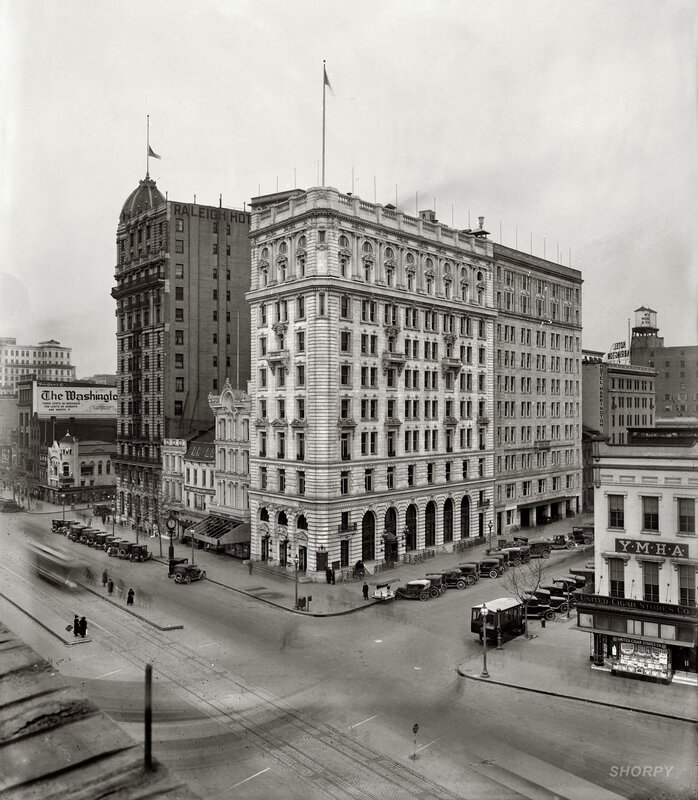 Historic city street corner with hotels
