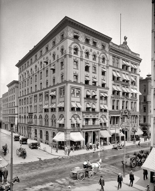 Historic city street corner with ornate building