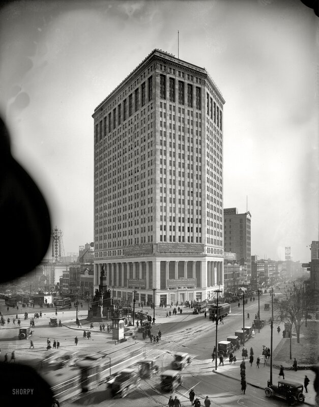 Historic city street with tall building