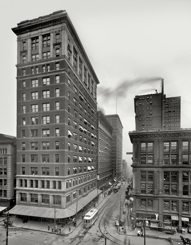 Historic city street with trolley