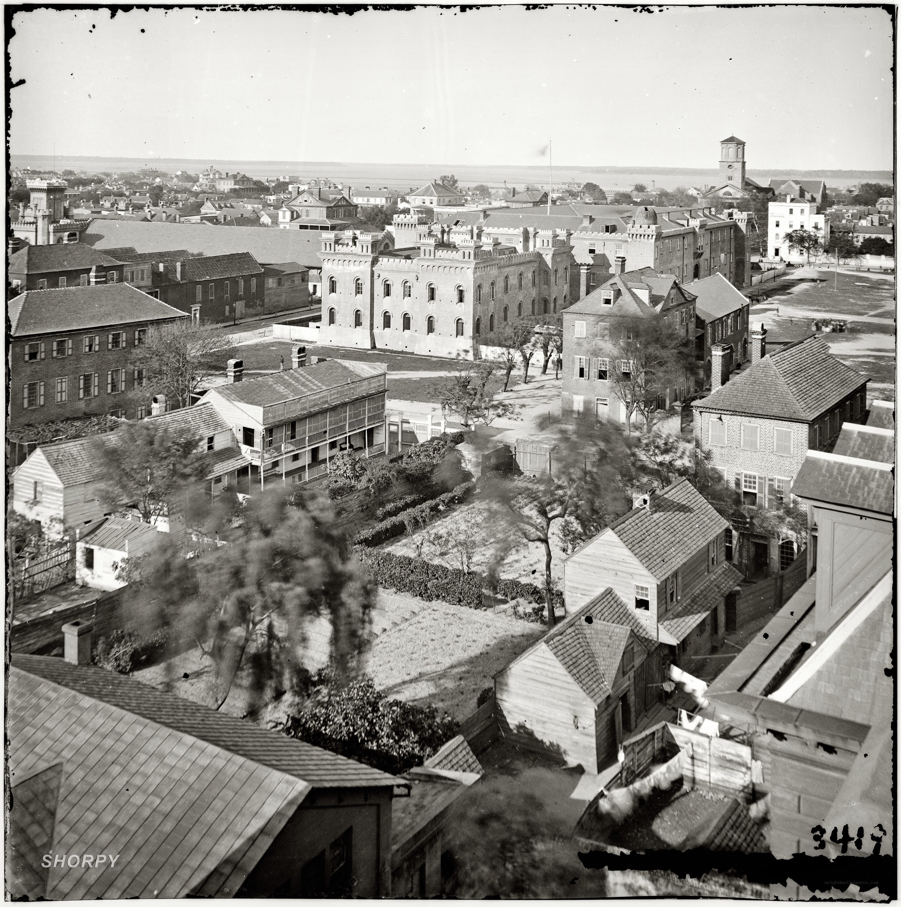 Historic city view with castle-like building