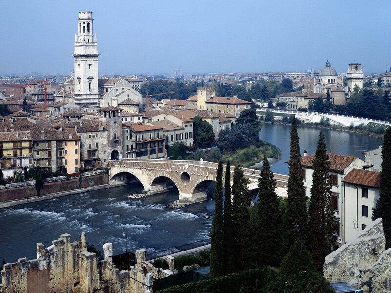Historic city with river and bridge
