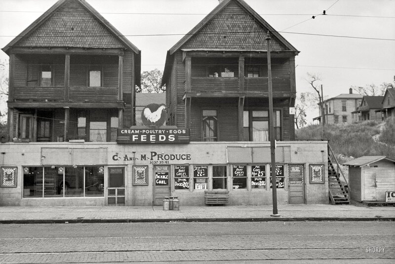 Historic grocery store in black and white