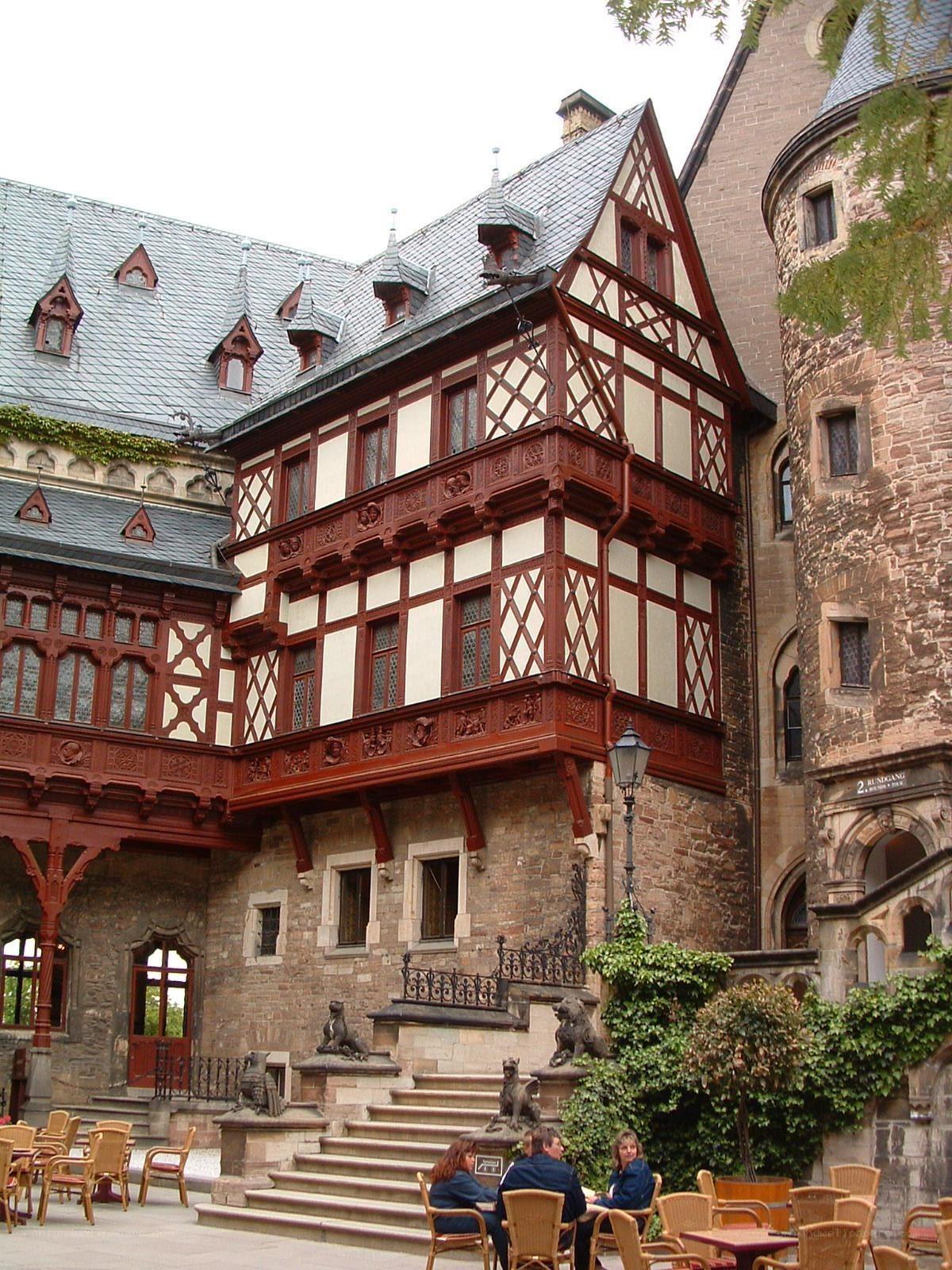 Historic half-timbered building courtyard