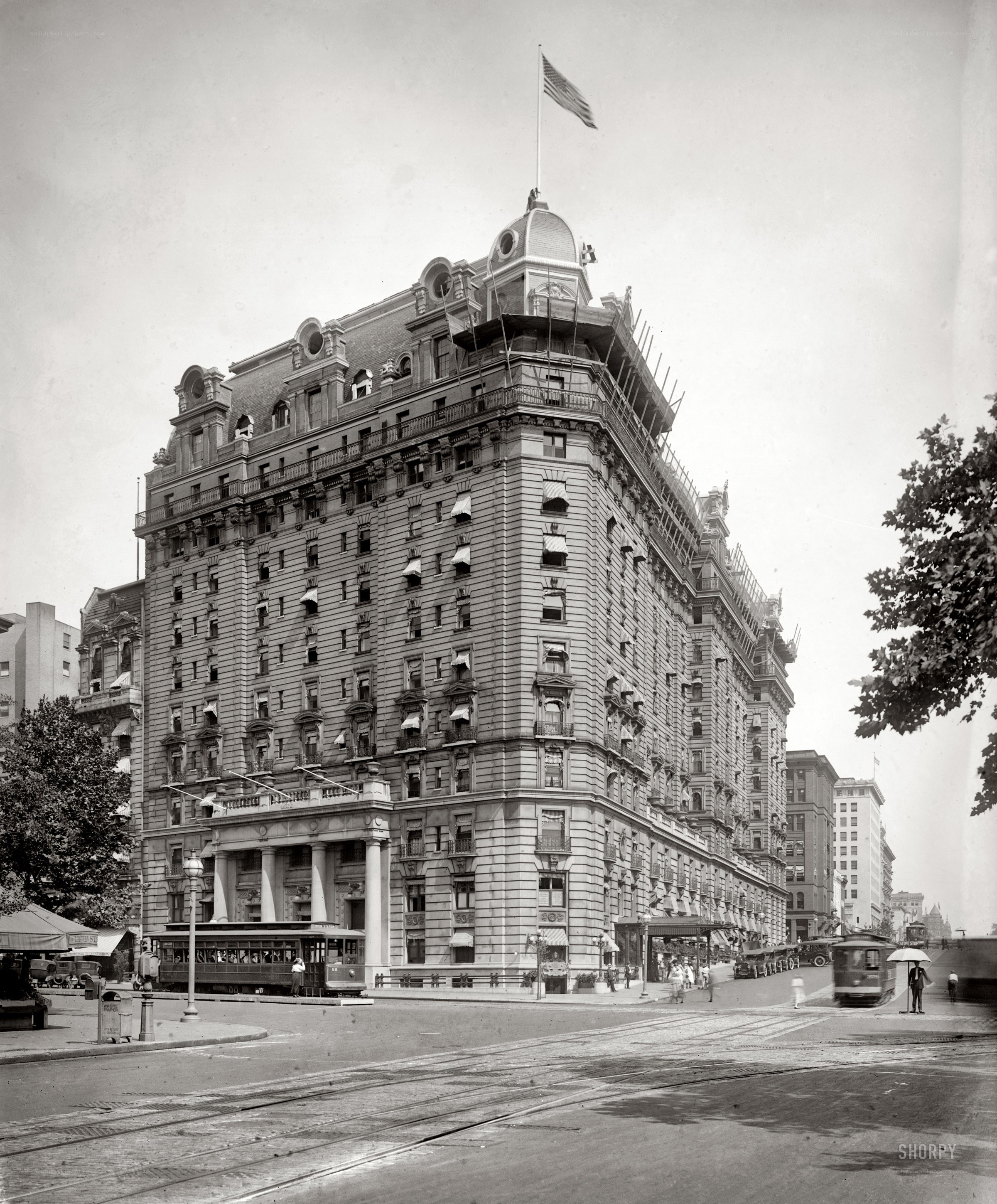 Historic hotel building with trolley