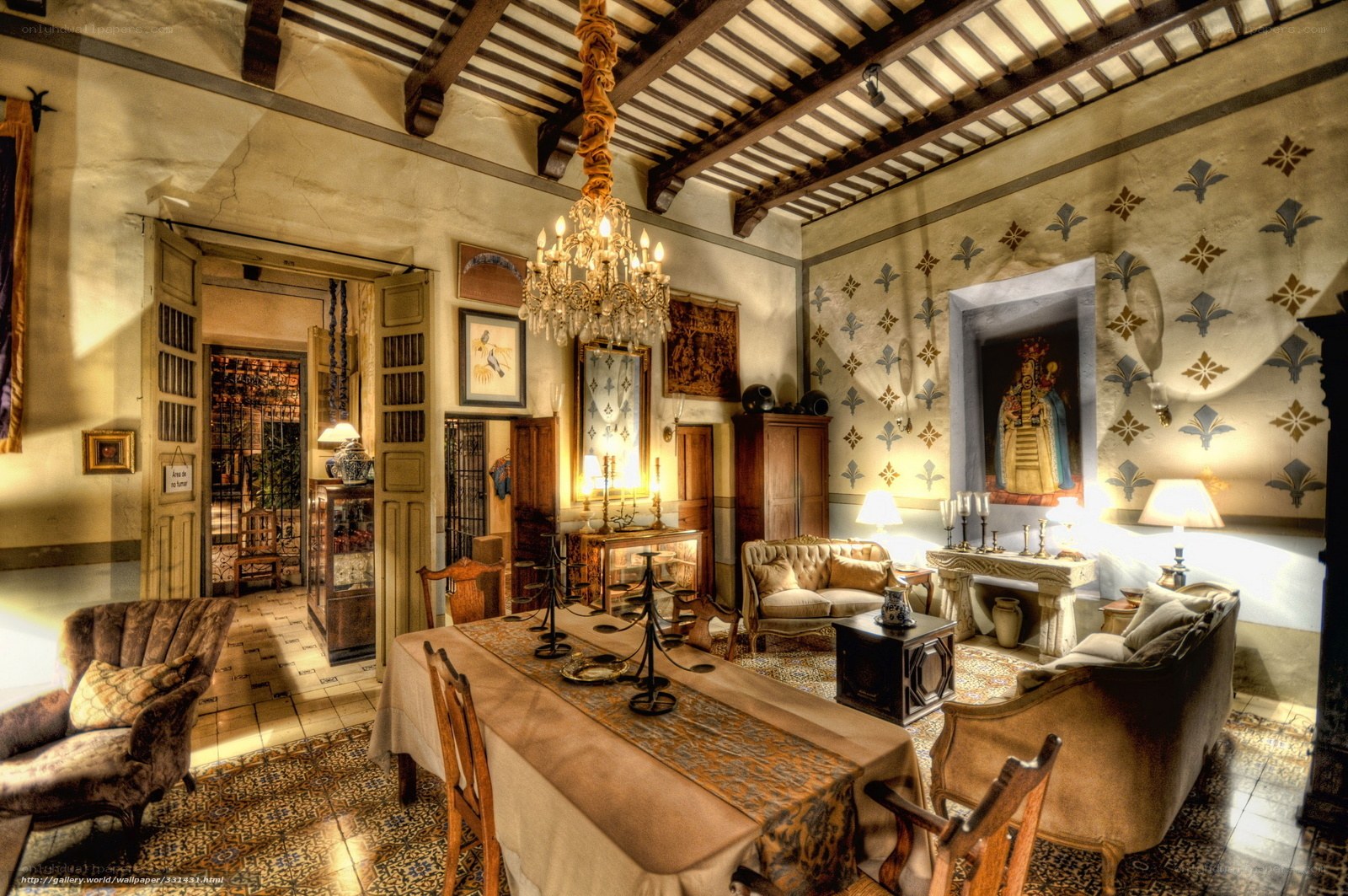 Historic interior with chandelier