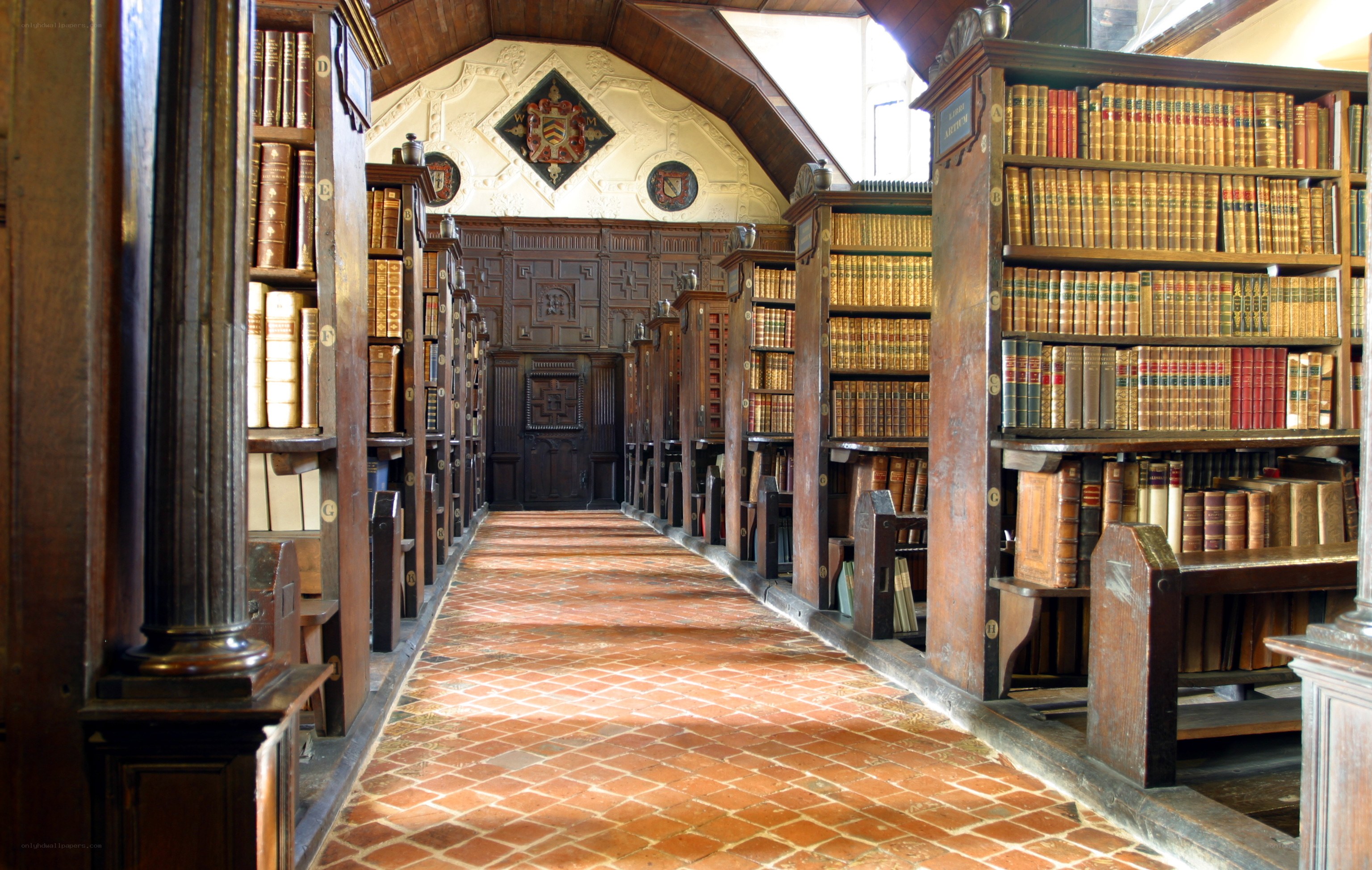 Historic library with bookshelves