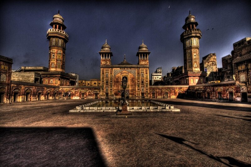 Historic mosque courtyard at dusk