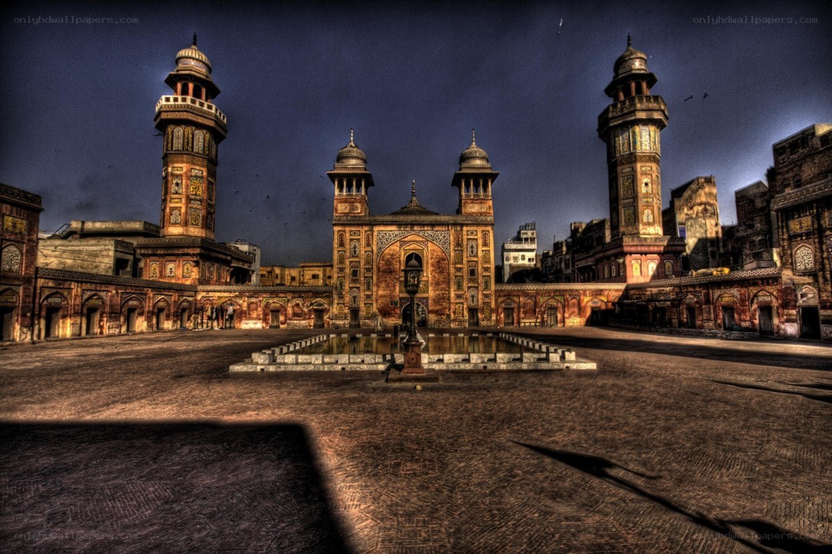 Historic mosque courtyard at dusk